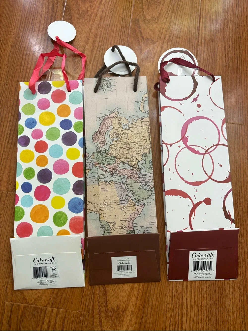 Set of 3 Cakewalk Decorative Wine Gift Bags - Polka Dot, Map, Circle Designs